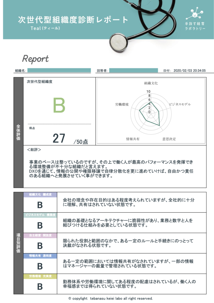 事業開発期（2020年2月）の組織におけるティール組織度合いをチェックする診断の結果
