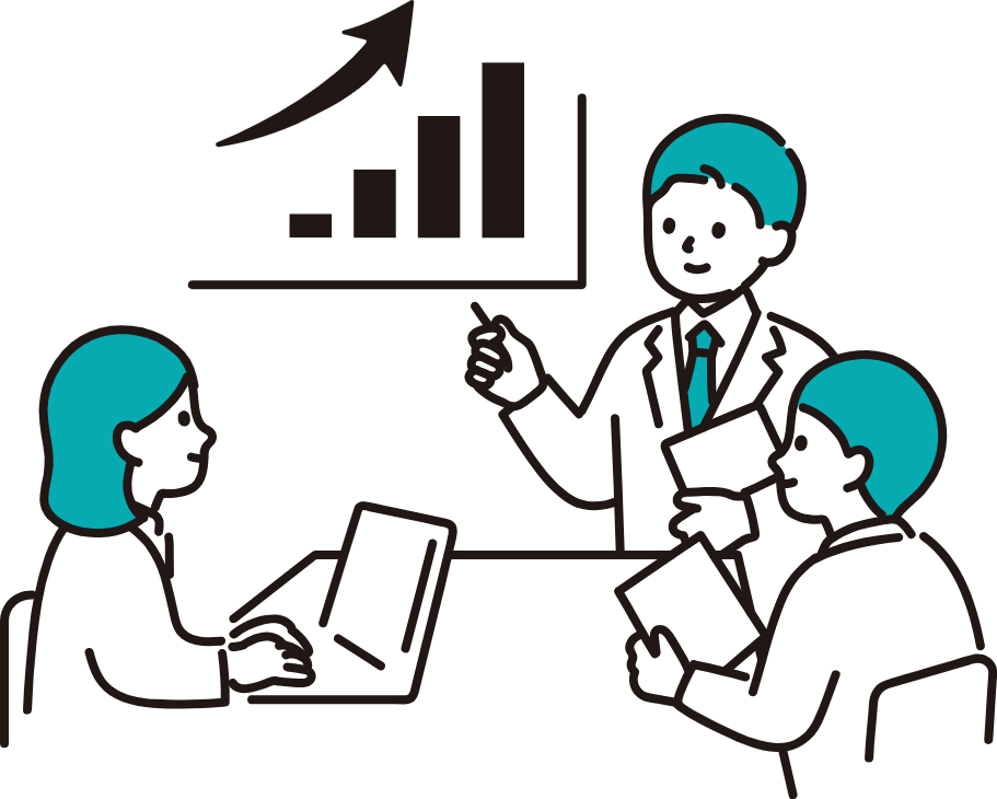 スーツを着た男性が、女性と男性に表を用いながら報告・説明をしている