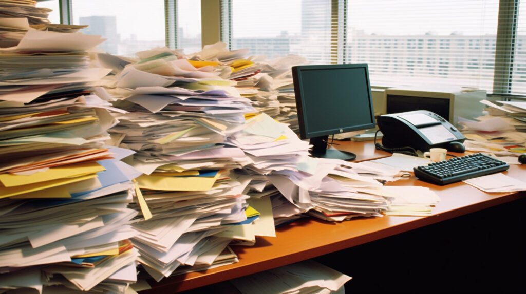 デスクの上に書類が積み上げられている