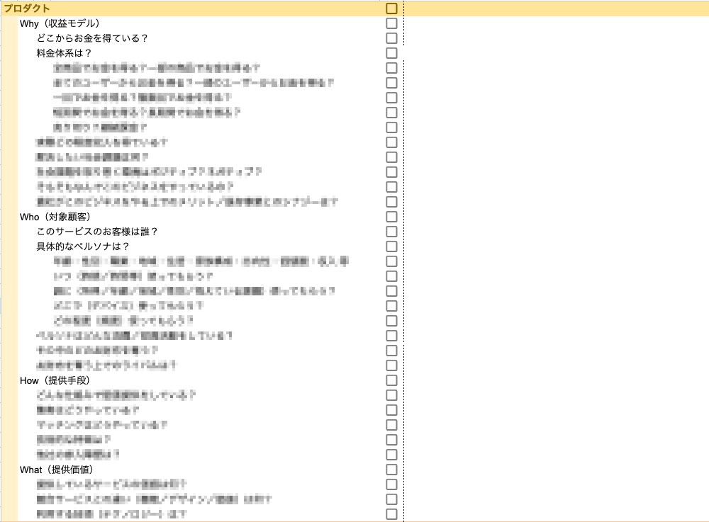 ビジネスモデル分析で用いるプロダクト関連のヒアリングシート
